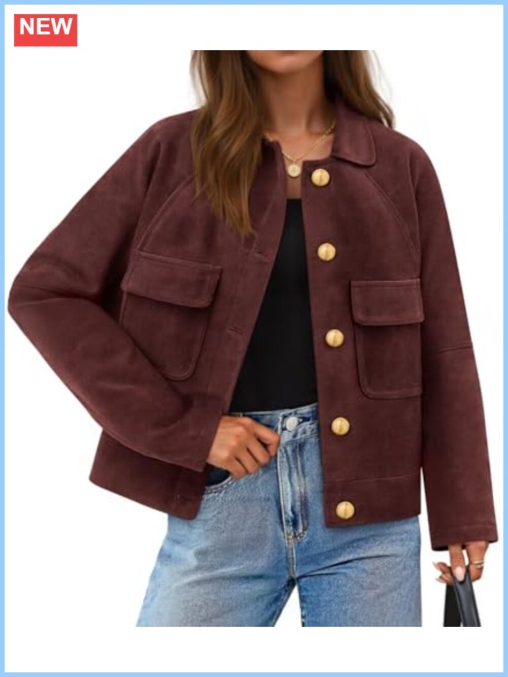 Faux Suede Button Down Crop Jacket Collared Utility Coat